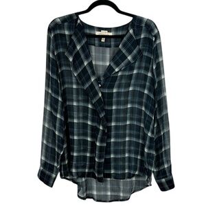 Philosophy Sheer Plaid V Neck Long Sleeve Button Down High Low Shirt Large Blue